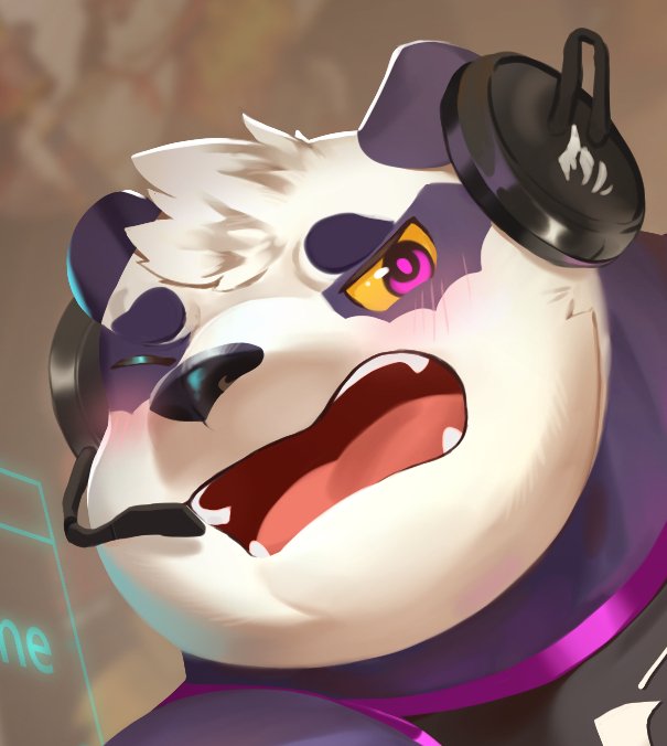 anthro blush clothing electronics fur headphones male purple_body purple_fur shirt solo tongue topwear white_body white_fur jmeo1230 lifewonders tokyo_afterschool_summoners alp_(tas) bear giant_panda mammal 2019 portrait