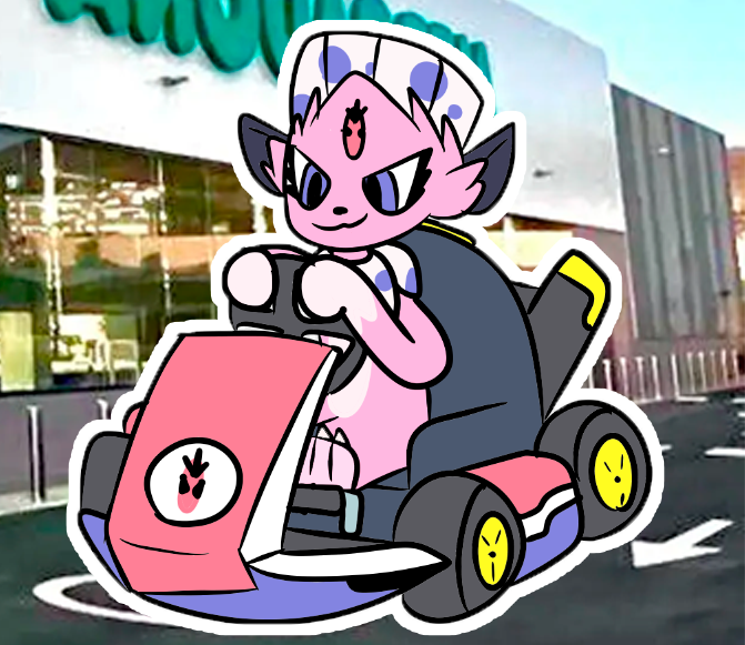 ambiguous_gender anthro claws countershade_feet countershading feathers feet fur jewelry kart paws pink_body pink_fur purple_eyes road shopping soles solo sticker two_tone_feet two_tone_paws vehicle wheel bulbasaurthemon third-party_edit mercadona nintendo pokemon fan_character kerolink generation_4_pokemon pokemon_(species) weavile digital_media_(artwork)