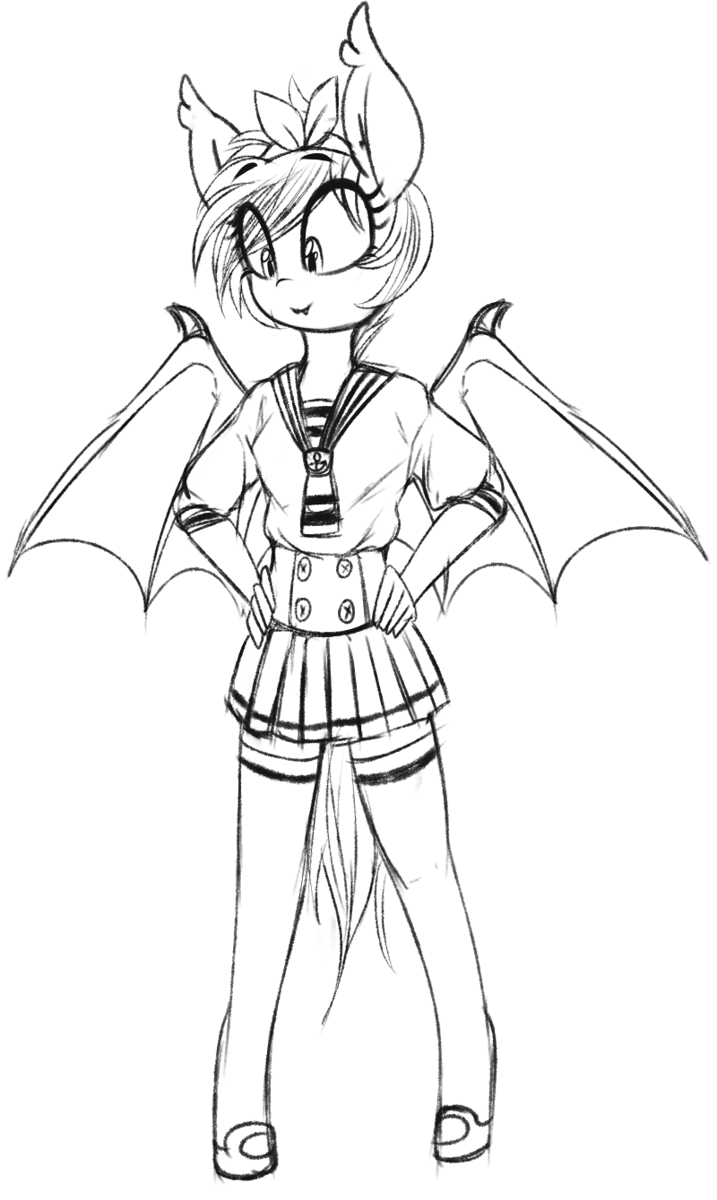 anthro bat_wings female membrane_(anatomy) membranous_wings sailor_uniform solo wings replica_(artist) hasbro my_little_pony fan_character nolegs_(oc) bat_pony equid mammal 2016 hi_res monochrome