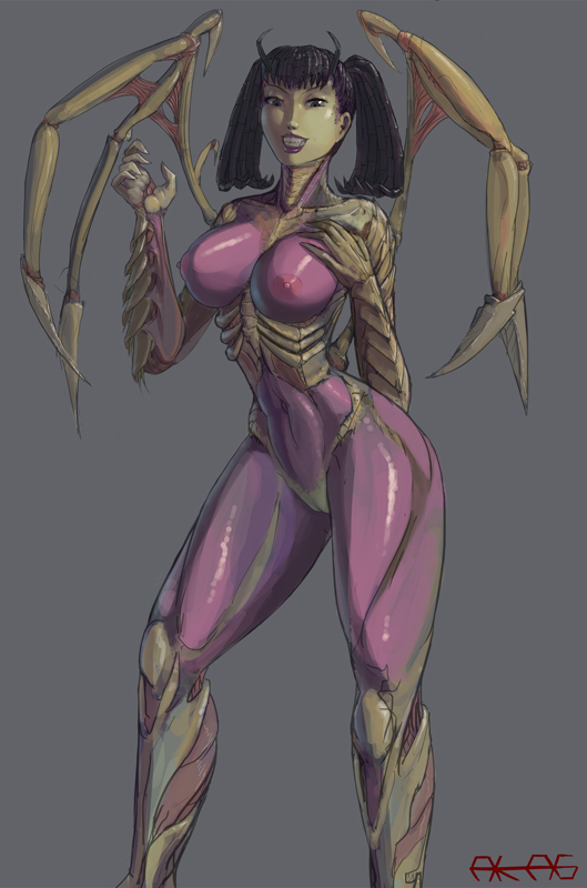 areola black_hair breasts female genitals hair looking_at_viewer navel nipples not_furry nude pussy simple_background smile solo spikes standing teeth aka6 blizzard_entertainment starcraft infested_kerrigan sarah_kerrigan alien flesh_creature human humanoid hybrid mammal zerg digital_media_(artwork) letterbox