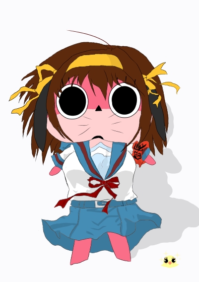 anthro brown_hair clothing cosplay doll female hair looking_at_viewer school_uniform solo uniform unknown_artist paranoia_agent the_melancholy_of_haruhi_suzumiya haruhi_suzumiya maromi canid canine canis domestic_dog mammal