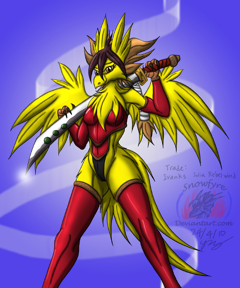 anthro beak biped breasts brown_eyes clothing feathered_wings feathers female looking_at_viewer melee_weapon non-mammal_breasts solo spreading spread_legs standing sword weapon wide_stance wings yellow_body yellow_feathers snowfyre avian bird 2010