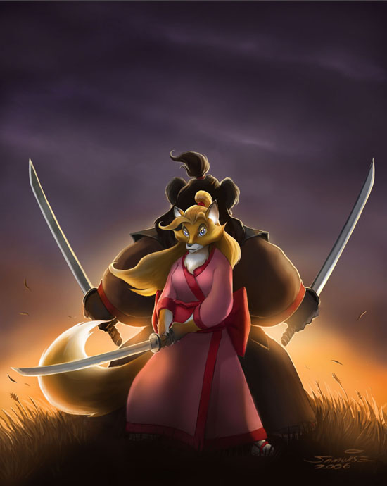 anthro blue_eyes brown_body brown_fur brown_hair clothed clothing dual_wielding duo female fur hair holding_melee_weapon holding_object holding_sword holding_weapon katana long_hair male melee_weapon multicolored_body multicolored_fur samurai sword tail two_tone_body two_tone_fur warrior weapon white_body white_fur samwise samwise_didier blizzard_entertainment mists_of_pandaria warcraft bear canid canine fox mammal pandaren