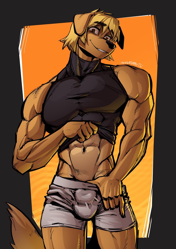 anthro athletic athletic_anthro athletic_male blonde_hair bottomwear brown_eyes bulge clothed clothing clothing_lift detailed_bulge fur genital_outline hair male pose sheath_outline shirt shirt_lift shorts sleeveless_shirt smile solo tan_body tan_fur topwear inugatami kevin_(wsad) bird_dog canid canine canis domestic_dog golden_retriever hunting_dog mammal retriever pinup