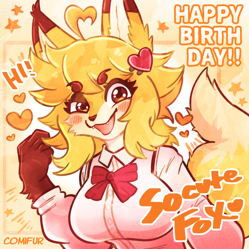 accessory anthro blonde_hair blush blush_lines bow_ribbon clothed clothing cowlick detailed_background dipstick_ears dipstick_tail ear_markings female fluffy fluffy_tail fur hair hair_accessory hairpin heart_hair_accessory heart_symbol looking_at_viewer markings multicolored_ears open_mouth orange_eyes orange_text solo star tail tail_markings text topwear yellow_body yellow_fur comifur jasmin_(jasminthemanticore) canid canine fox mammal red_fox true_fox 1:1 english_text