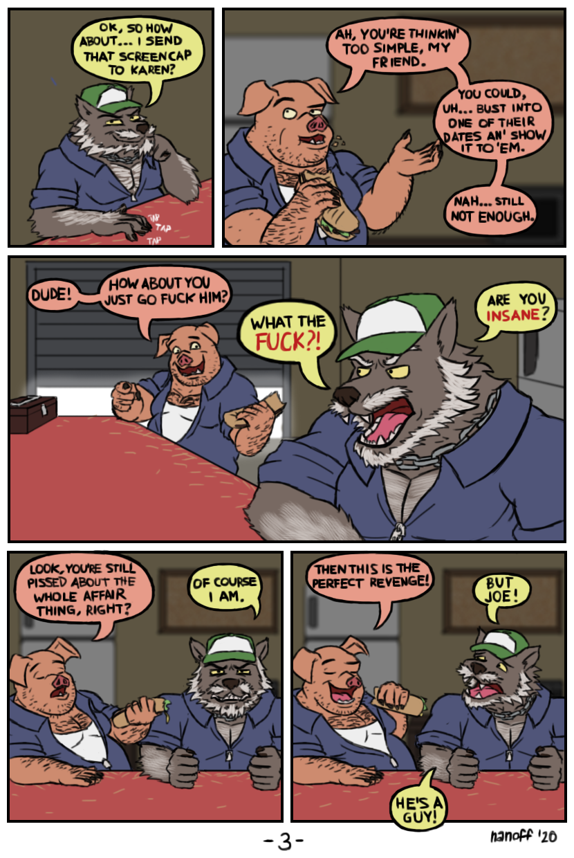 anthro beard body_hair chain chest_hair clothed clothing dialogue duo facial_hair hairy lunch male mature_male musclegut muscular muscular_male mustache overalls overweight overweight_male profanity speech_bubble text nanoff boomer_(nanoff) joe_(nanoff) canid canine canis domestic_pig mammal suid suine sus_(pig) wolf comic english_text hi_res