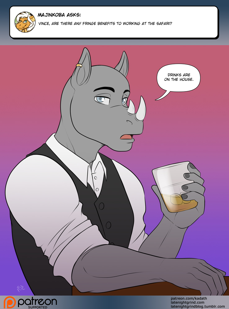 alcohol ask_blog beverage clothing dialogue male piercing solo text whiskey conditional_dnp kadath vince_(kadath) mammal rhinoceros 2017 comic digital_media_(artwork) english_text url