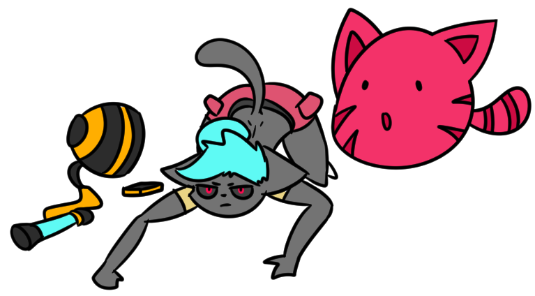 all_fours blue_hair clothing cosplay duo femboy hair male ranged_weapon slime weapon toot slime_rancher beatrix_lebeau poly_(toot) felid goo_creature largo_slime mammal pink_slime_(slime_rancher) pink_tabby_largo slime_(slime_rancher) tabby_slime