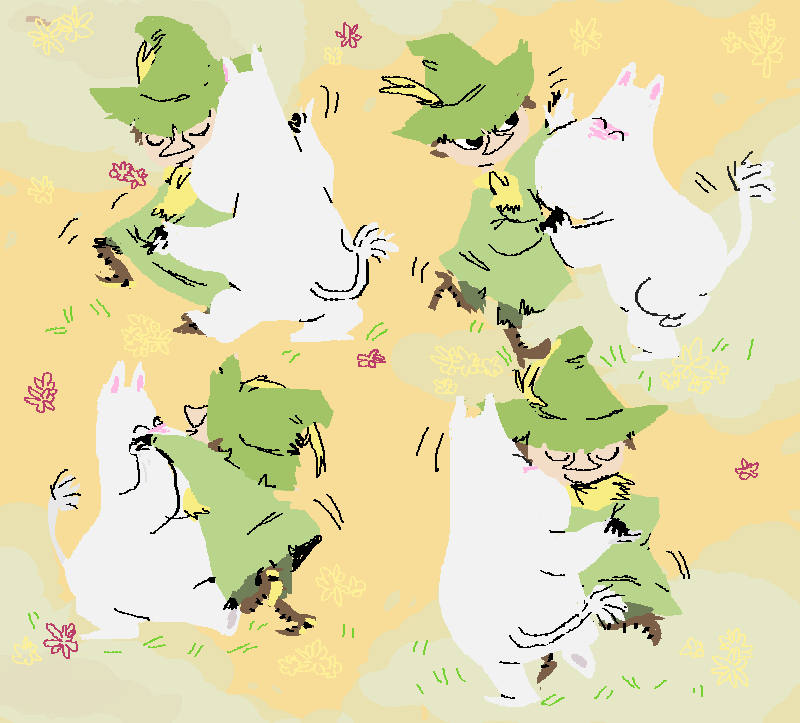 ^_^ blush clothing dancing duo eyes_closed green_clothing green_hat green_headwear green_robe hat headgear headwear kneeling male robe smile 2n2n the_moomins moomintroll snufkin human mammal moomin 2015 aliasing digital_media_(artwork) lineless