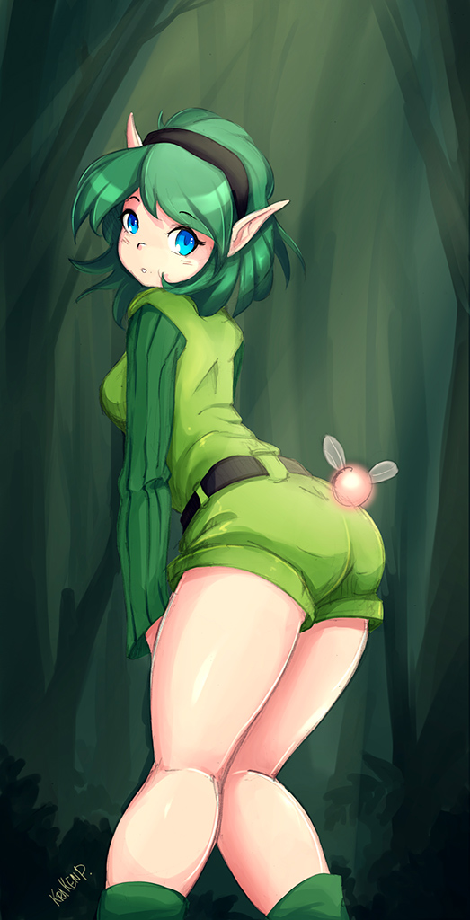 ambiguous_gender blue_eyes blush breasts butt clothed clothing detailed_background duo female forest green_hair hair looking_at_viewer looking_back not_furry open_mouth outside plant short_hair solo_focus tree krakenparty nintendo the_legend_of_zelda saria fairy humanoid kokiri 2017 watermark