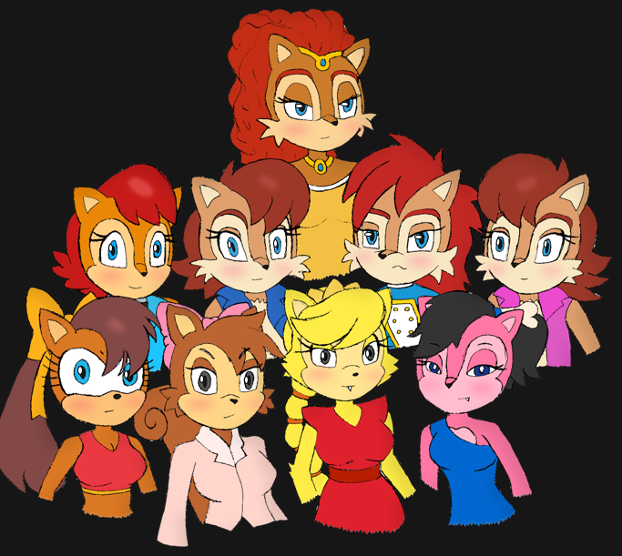 anthro blue_eyes blush brown_body brown_fur brown_hair clothed clothing female fur group hair looking_at_viewer smile topwear vest don'tcare4u archie_comics fleetway_comics sega sonic_the_comic sonic_the_hedgehog_(archie) sonic_the_hedgehog_(comics) sonic_the_hedgehog_(series) sonic_x-treme alicia_acorn princess_alicia_acorn sally_acorn sally_acorn_(concept) sally_acorn_(fleetway) salugh_the_cavemunk tiara_boobowski chipmunk ground_squirrel mammal rodent sciurid tree_squirrel