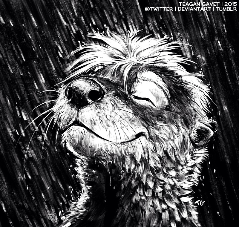 black_nose eyes_closed fur hair male outside raining smile solo text water wet whiskers blackteagan twitch_(character) mammal mustelid otter 2015 digital_media_(artwork) english_text headshot_portrait monochrome portrait sketch