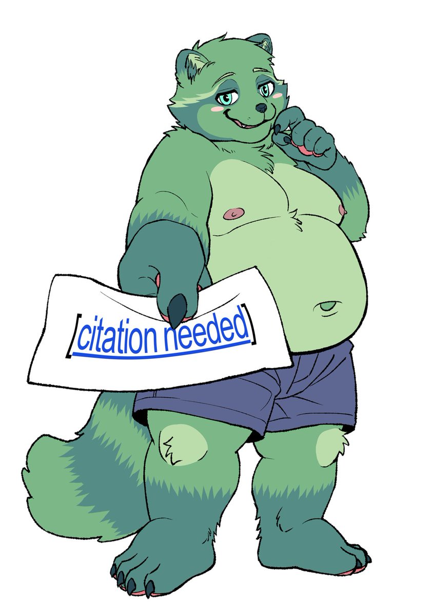 ambiguous_gender anthro belly blue_eyes bottomwear citation clothed clothing fluffy fluffy_tail fur green_body green_skin grey_bottomwear grey_clothing grey_shorts half-closed_eyes hand_pawpads handpaw holding_object holding_paper humanoid_hands looking_at_viewer male moobs narrowed_eyes navel nipples no_shoes offering_to_viewer one_eye_closed overweight overweight_anthro overweight_male paper paws shorts simple_background smug solo tail tongue tongue_out topless topless_anthro white_background wink maaudaan_tg wikipedia fred_(fredrick_brennan) mammal procyonid raccoon hi_res