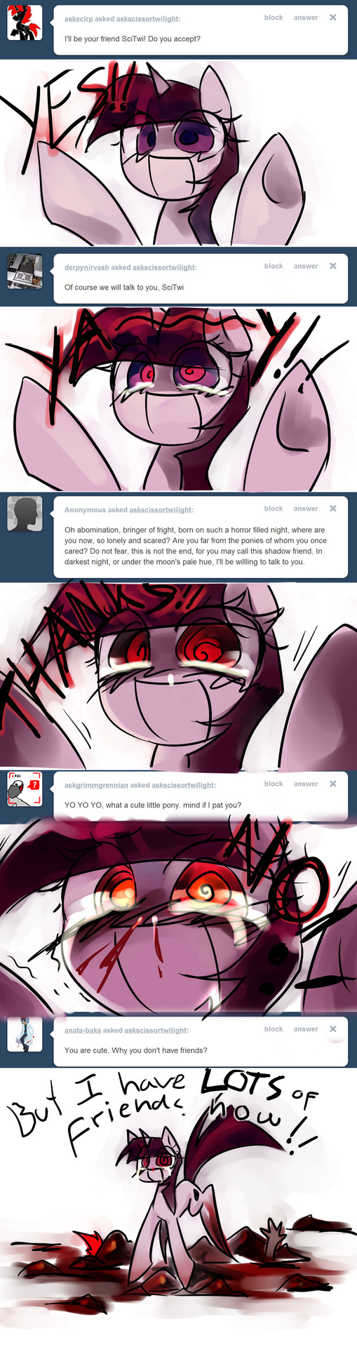 big_eyes blood bodily_fluids crying female feral gore grimdark group insane nosebleed red_eyes solo_focus spiral_eyes tears text askscissortwilight iopichio hasbro my_little_pony scissor_twilight equid equine horse mammal pony digital_media_(artwork) english_text hi_res