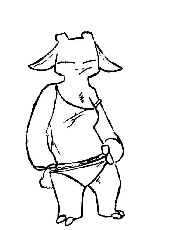 2_horns anthro barefoot black_line_art breasts clothed clothing eyes_closed feet female fingers horn medium_breasts mouth_closed panties pantsless scut_tail shirt short_tail simple_background solo standing tail tank_top three-quarter_view toes topwear underwear white_background the_weaver pack_street jeanine bovid caprine goat mammal black_and_white digital_media_(artwork) monochrome sketch