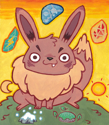 ambiguous_gender crescent_moon evolutionary_stone fangs feral fire_stone fur ice ice_rock looking_at_viewer moon moss moss_rock plant rock simple_background sitting solo sun teeth thunder_stone water_stone yellow_background izaart robert_iza nintendo pokemon canid canine eevee generation_1_pokemon mammal pokemon_(species) gouache_(artwork) low_res painting_(artwork) traditional_media_(artwork)