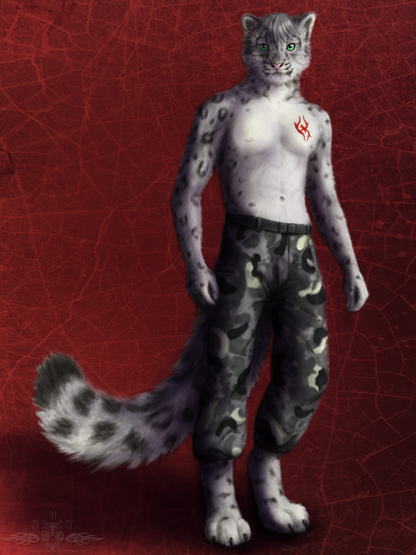 abstract_background anthro biped bottomwear camo claws clothed clothing fur green_eyes grey_body grey_fur grey_hair hair looking_at_viewer male navel pants simple_background solo spots standing tattoo toe_claws topless white_body white_fur ykoriana felid mammal pantherine snow_leopard 3:4