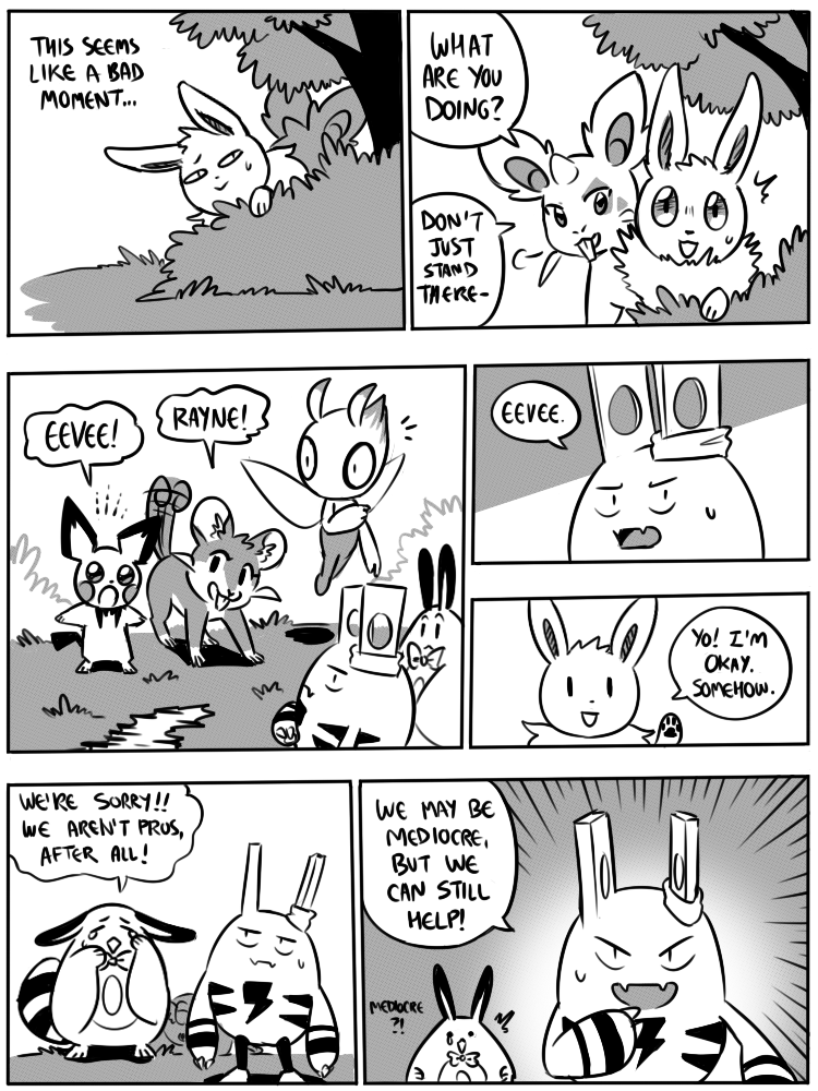 7_panel_comic ambiguous_gender antennae_(anatomy) anthro biped black_eyes black_nose black_tail black_text bodily_fluids bow_ribbon branch cheek_spots claws closed_smile dialogue ellipsis exclamation_point eyebrows feral finger_claws fluffy fluffy_tail grass group horn motion_lines mouth_closed open_mouth open_smile outside pawpads paws plant pupils question_mark shrub smile speech_bubble sweat sweatdrop tail tail_motion tailwag talking_to_another teeth text tree white_sclera wings flavia-elric nintendo pokemon pokemon_mystery_dungeon spike_chunsoft celebi_(yapc) lux_(yapc) maya_(yapc) neil_(yapc) paris_(yapc) rayne_(yapc) terry_(yapc) celebi eevee elekid generation_1_pokemon generation_2_pokemon legendary_pokemon nidoran nidoran♀ pichu pokemon_(species) rattata sentret 2019 3:4 black_and_white comic digital_media_(artwork) english_text monochrome