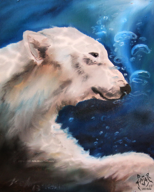 ambiguous_gender beady_eyes bubble feral fur logo mouth_closed solo text underwater water white_body white_ears white_fur kola_(artist) bear mammal polar_bear ursine 2013 4:5 artist_logo dated signature traditional_media_(artwork) url