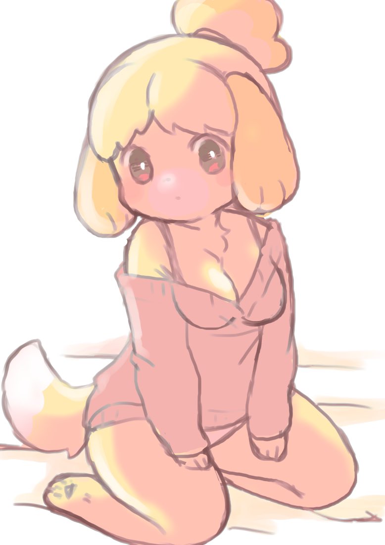 3_fingers 3_toes anthro big_breasts bottomless breasts chest_tuft cleavage clothed clothing feet female fingers fur hair looking_at_viewer pawpads pink_clothing pink_sweater pink_topwear simple_background sitting solo sweater tail toes topwear tuft yellow_body yellow_fur yokikana_yk animal_crossing nintendo isabelle_(animal_crossing) canid canine canis domestic_dog mammal shih_tzu toy_dog digital_media_(artwork)