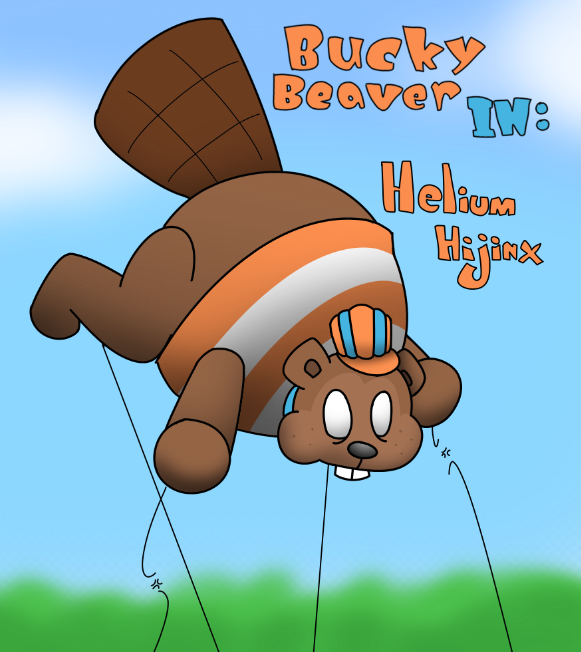 anthro bottomless buckteeth clothed clothing hat headgear headwear inflation male parade_float simple_background solo teeth text white_eyes delta's_art broadside_beach shipwrecked_64 beta_bucky_beaver bucky_beaver beaver mammal rodent shaded simple_shading