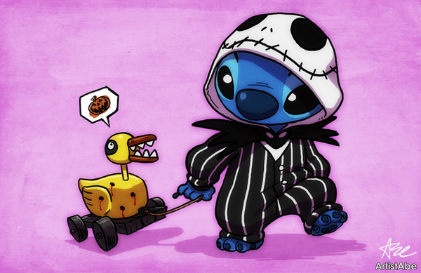 4_toes black_eyes blood blue_body blue_nose bodily_fluids bullet_hole clothing costume emoji feet jack-o'-lantern kigurumi onesie purple_background simple_background solo speech_bubble string toes toy walking artistabe disney lilo_and_stitch the_nightmare_before_christmas jack_skellington stitch_(lilo_and_stitch) alien anatid anseriform avian bird duck experiment_(lilo_and_stitch) 2021 signature