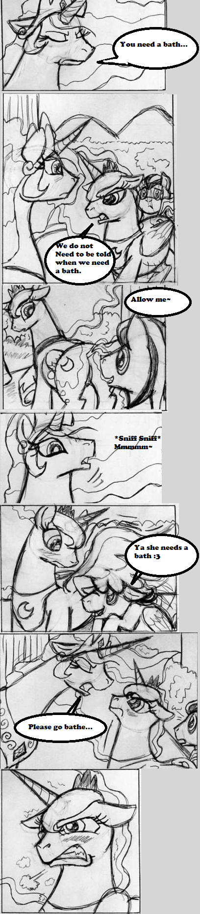 canterlot crown dialogue female feral genitals group hair headgear horn princess pussy royalty scent sniffing text flightless friendship_is_magic hasbro my_little_pony cielo_rey fan_character princess_celestia_(mlp) princess_luna_(mlp) equid equine horse mammal 2013 black_and_white comic english_text hi_res long_image monochrome sketch tall_image