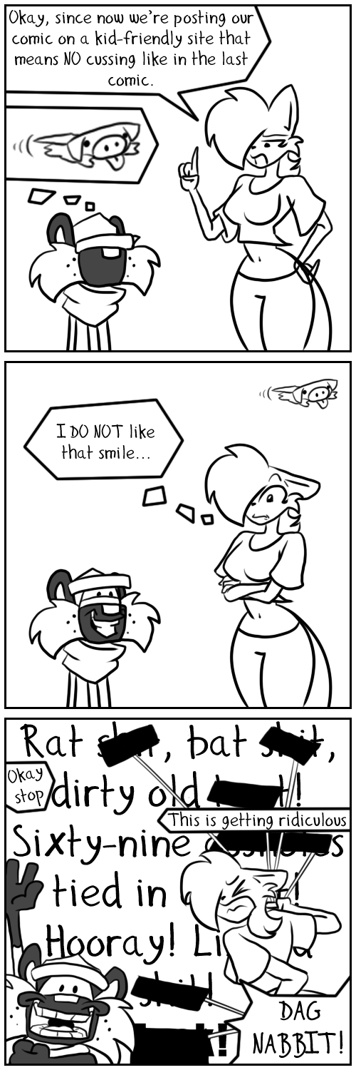 angry anthro bottomwear breasts clothed clothing comx crop_top crossed_arms curvy_figure duo female hat headgear headwear hourglass_figure male male/female midriff navel pants scarf shirt smile text topwear kris domestic_cat felid feline felis hyena mammal kat_(disambiguation) 1:3 comic english_text hi_res monochrome