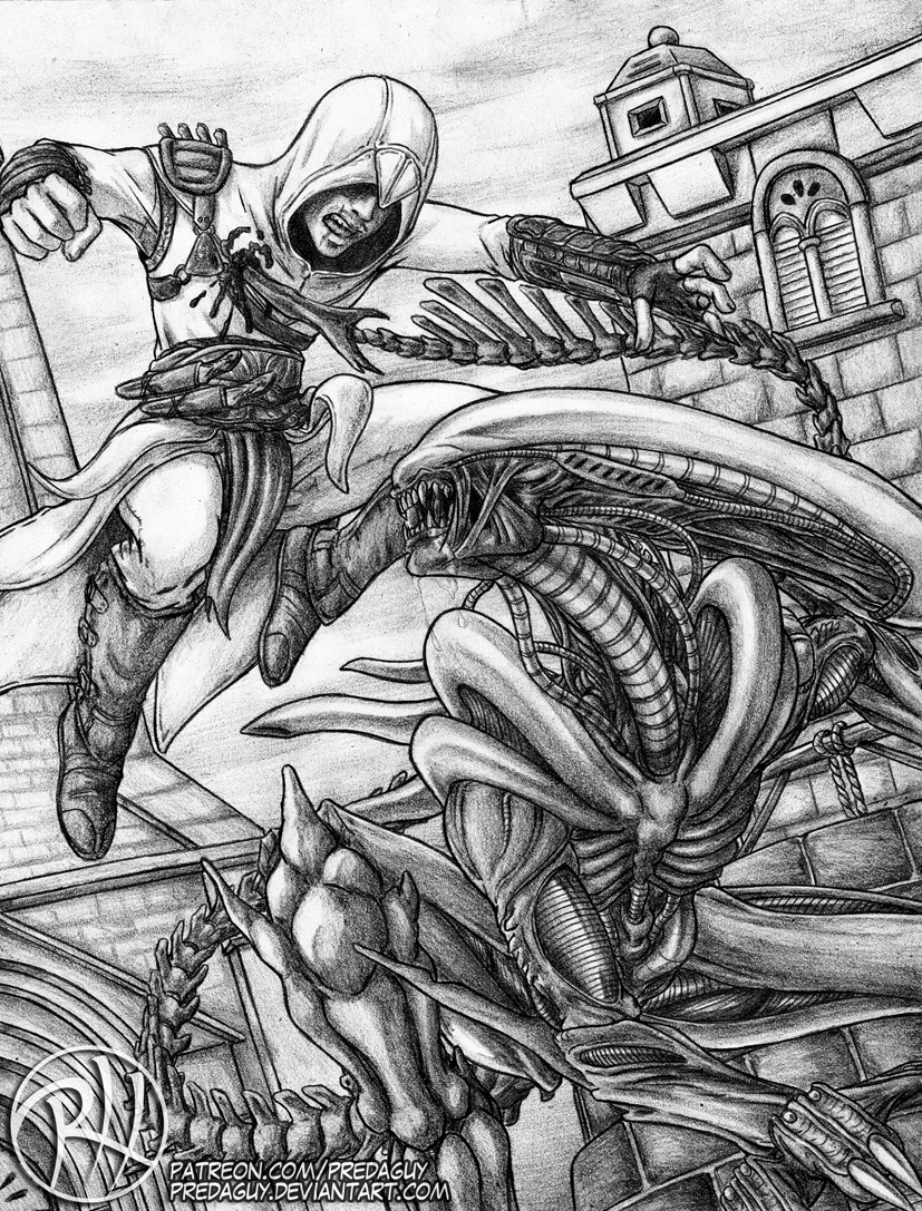 4_fingers 5_fingers armor assassin blood bodily_fluids claws clothed clothing duo facial_hair fangs fight fingers knife not_furry stab teeth text predaguy alien_(franchise) assassin's_creed ubisoft altair alien human mammal xenomorph 2015 monochrome traditional_media_(artwork) url watermark