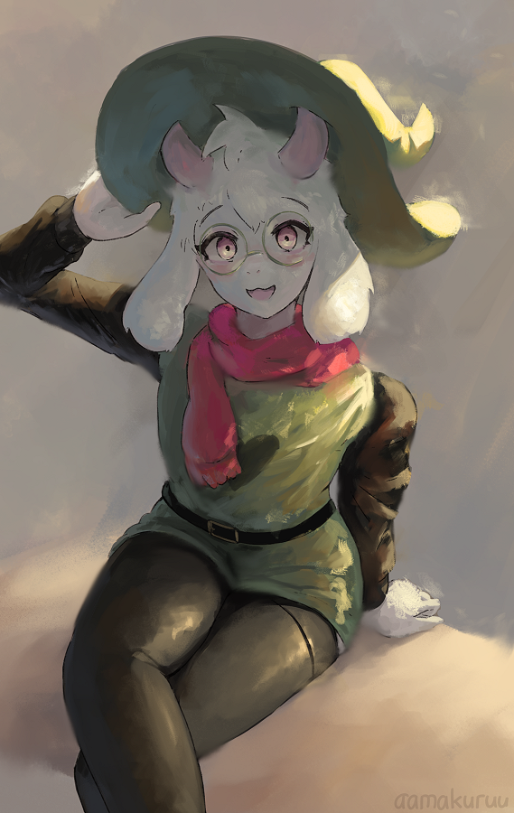 anthro belt bottomwear clothed clothing eyebrows eyelashes eyewear femboy fur glasses grey_background hat headgear headwear horn looking_at_viewer male open_mouth open_smile pants scarf shirt simple_background sitting smile solo thick_thighs topwear tuft tunic wizard_hat aamakuruu deltarune undertale_(series) ralsei bovid caprine darkner goat mammal 2022