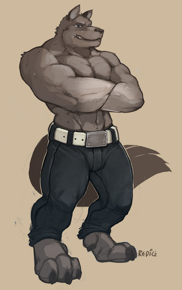 abs anthro athletic belt biceps big_muscles biped blue_eyes bottomwear brown_background brown_nose bulge claws clothed clothing crossed_arms fangs fur grey_body grey_fur grin looking_at_viewer male muscular muscular_anthro muscular_male pants pecs pose simple_background smile solo standing teeth toe_claws topless vein redic-nomad ano canid canine canis mammal wolf