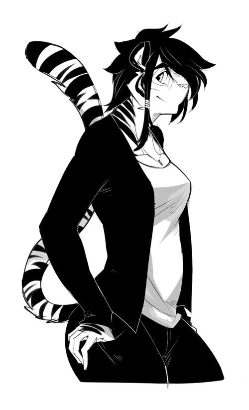 anthro biped clothed clothing female fully_clothed hair jewelry looking_aside looking_at_viewer necklace pockets raised_tail short_hair side_view simple_background smile solo standing stripes tail thumbs_in_pockets white_background kokukokuboo felid mammal pantherine tiger 2015 greyscale monochrome