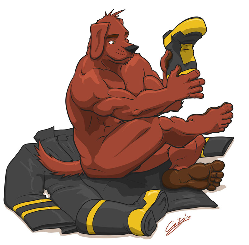 5_toes abs anthro biceps biped boots brown_body brown_eyes brown_fur clothing feet firefighter firefighter_boots footwear fur hindpaw jacket male muscular muscular_anthro muscular_male nude paws pecs pose shoes sitting solo tail toes topwear turnout_gear undressing uniform chestnuts_(artist) gus canid canine canis domestic_dog mammal 2010