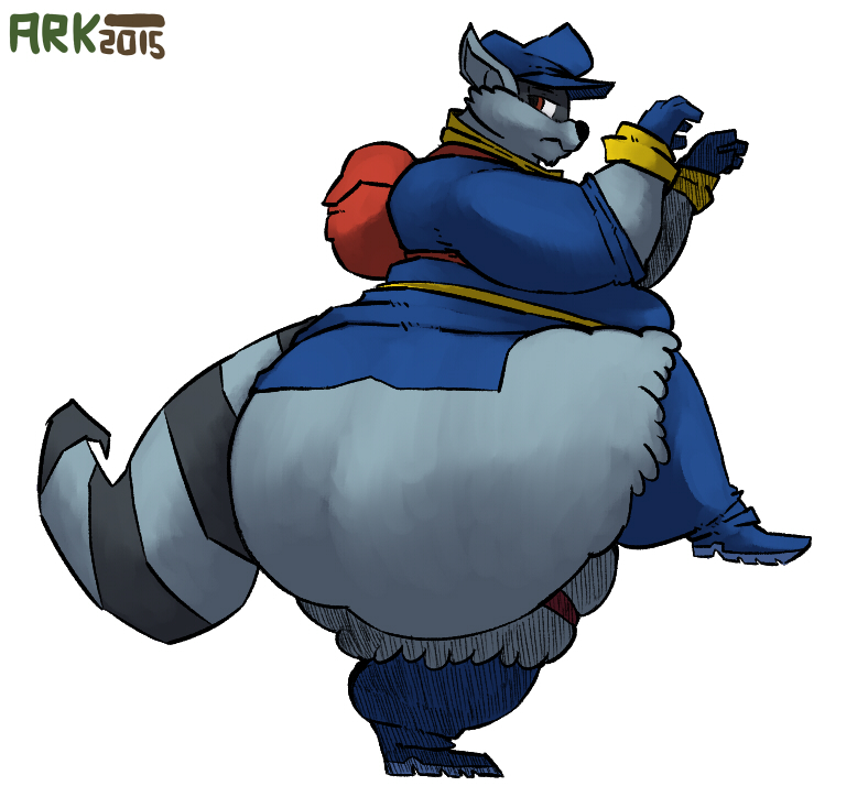 anthro belly big_butt butt clothed clothing fur grey_body grey_fur hat headgear headwear huge_butt huge_thighs love_handles male markings obese obese_anthro obese_male on_one_leg overweight overweight_anthro overweight_male ring_(marking) ringed_tail simple_background solo standing striped_markings striped_tail stripes tail tail_markings thick_thighs white_background wide_hips arkveveen_(artist) sly_cooper_(series) sony_corporation sony_interactive_entertainment sucker_punch_productions sly_cooper mammal procyonid raccoon