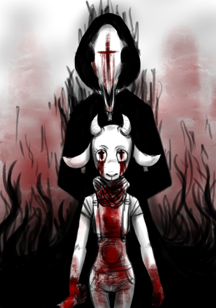 ambiguous_gender anthro behind_another black_clothing black_robe blood blood_on_hand blood_on_torso bodily_fluids bone clothing covered_in_blood cross cross_pupils crying_blood duo female hand_on_neck looking_at_viewer overalls piercing pupils robe skull symbol-shaped_pupils unusual_pupils wide_hips kawaiisharkchan nan_quest nan_(nq) the_pilgrim_(nq) bovid caprine equid equine goat horse mammal 2012