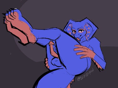 anthro balls butt feet genitals hand_on_butt looking_at_viewer lying male on_back penis presenting presenting_hindquarters solo tail tongue tongue_out secretdwagon esayian_(oc) cobra reptile scalie snake 4:3 low_res sketch