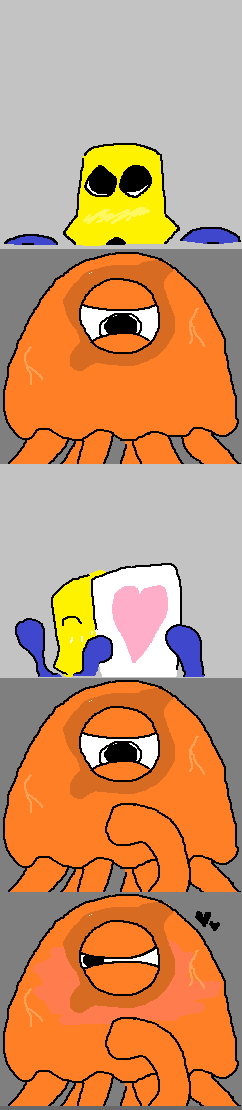 ambiguous_gender blush heart_symbol hearts_around_head holding_object holding_sign male male/male orange_body sign tentacles yellow_body pearable stinger_flynn cephalopod cnidarian coleoid jellyfish marine medusozoan mollusk octopodiform octopus long_image tall_image