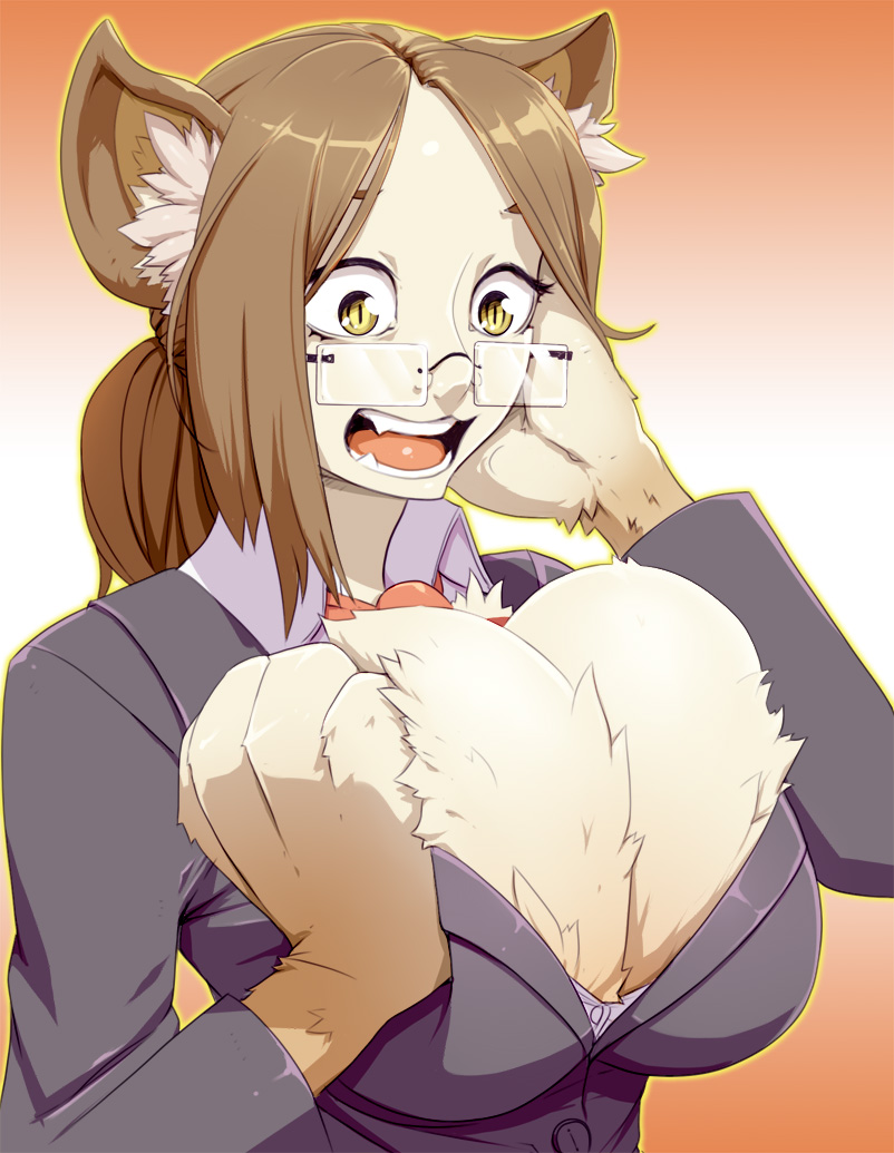 big_breasts breast_squish breasts brown_hair button_(fastener) claws cleavage clothed clothing ear_piercing eyewear female glasses hair huge_breasts human_to_anthro markings mole_(marking) necktie piercing simple_background solo species_transformation squish straining_buttons transformation yellow_eyes materclaws canid canine human mammal 2016 digital_media_(artwork) half-length_portrait portrait