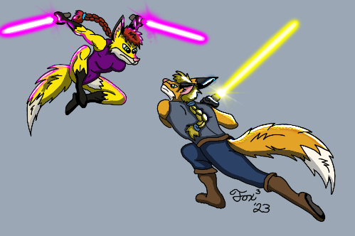 anthro blonde_hair boots braided_hair clothed clothing dipstick_ears dipstick_tail dual_wielding duo ear_markings female fight footwear hair holding_melee_weapon holding_object holding_sword holding_weapon jedi lightsaber male markings melee_weapon multicolored_ears purple_lightsaber red_hair shoes sword tail tail_markings weapon yellow_lightsaber reywoof star_wars canid canine fox humanoid mammal low_res