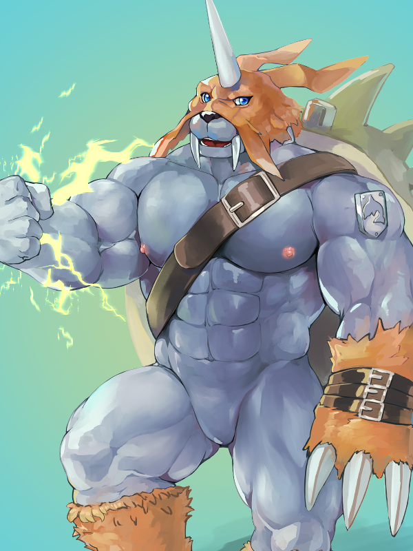 abs animal_skin anthro barazoku belt claws electricity featureless_crotch male muscular muscular_anthro muscular_male nipples pecs solo tusks fug@9 bandai_namco digimon digimon_(species) zudomon 3:4