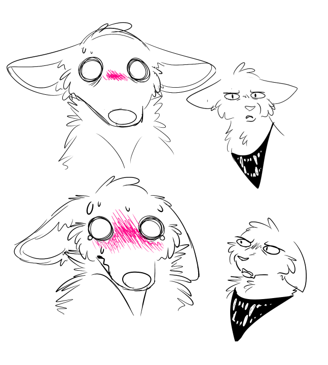 ambiguous_gender blush bodily_fluids disgust duo ears_down empty_eyes eyebrows flustered fur humor kerchief looking_at_another narrowed_eyes neckerchief neckwear pink_blush pivoted_ears snout sweat sweatdrop the_truth maligaytor bluey_(maligaytor) woowoo_(maligaytor) canid canine canis domestic_cat domestic_dog felid feline felis herding_dog malinois_dog mammal pastoral_dog sheepdog 2023 comic digital_drawing_(artwork) digital_media_(artwork) paint_tool_sai_(artwork) sketch spot_color