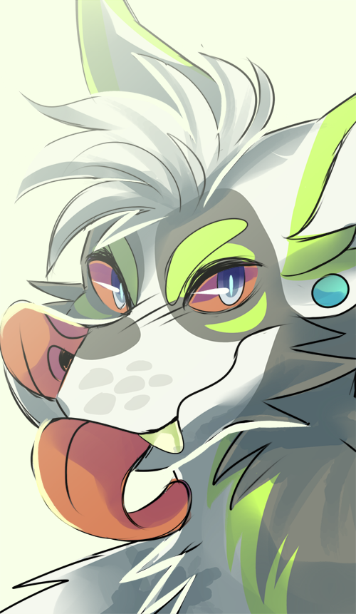 anthro blep blue_eyes cheek_tuft chest_tuft eyebrows facial_tuft fangs front_view fur glistening glistening_eyes green_body green_ears green_eyebrows green_fur green_teeth grey_body grey_fur hair looking_at_viewer male red_nose red_sclera red_tongue simple_background solo teeth tongue tongue_out tuft white_background white_body white_ears white_fur white_hair white_inner_ear princelykaden canid mammal bust_portrait portrait