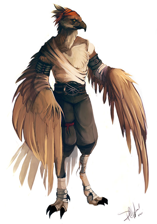 anthro armband bandage barefoot beak belt biped bottomwear brown_body chest_tuft claws clothed clothing digitigrade feathered_wings feathers featureless_chest feet fur headgear headkerchief headwear kerchief male pants pose sash simple_background solo standing talons toe_claws toes topless tuft white_background white_body winged_arms wings yellow_eyes simul cynso avian bird full-length_portrait portrait