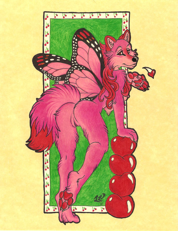 anthro bent_over cherry female food fruit fur genitals insect_wings lepidopteran_wings looking_back pink_body pink_fur plant pussy solo tail wings luthien_nightwolf maraschino arthropod butterfly butterfly_furry canid canine canis hybrid insect lepidopteran mammal wolf 2010 traditional_media_(artwork)