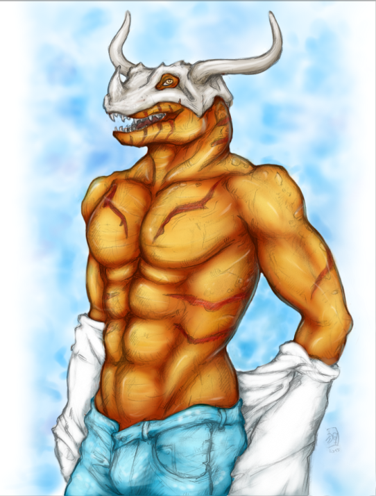 bottomwear bulge clothing digimorph male muscular muscular_male pants scar sharp_teeth shirt solo teeth topwear undressing otter_grafitsnake tanutanuki bandai_namco digimon digimon_(species) greymon artist_collaboration