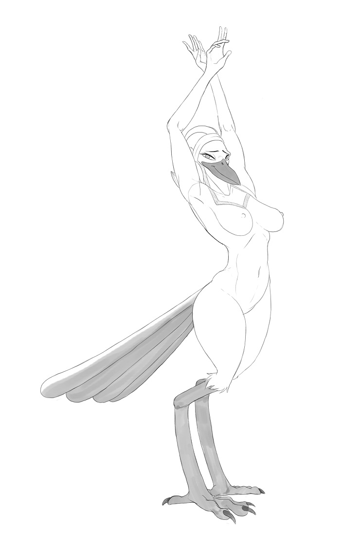 anthro avian_feet beak breasts feathers female genitals hair looking_at_viewer nipples nude pose pussy simple_background smile solo tail tail_feathers das avian bird monochrome