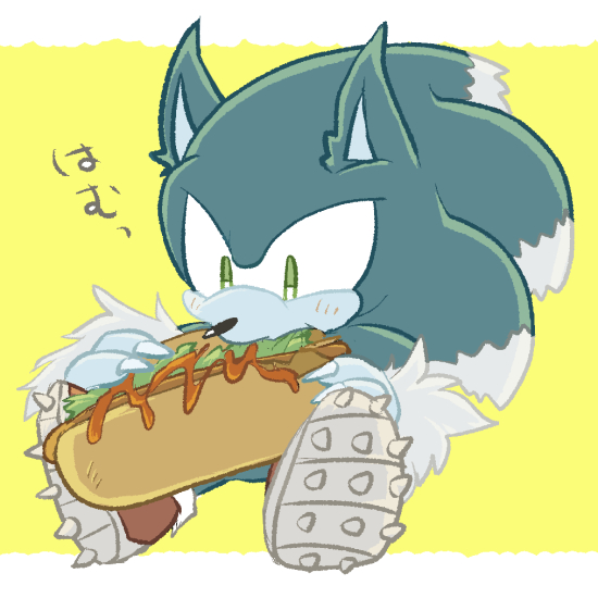 anthro biped blue_body blue_fur border claws clothing eating food footwear fur giant_food green_eyes hot_dog male shoes simple_background sitting solo text white_body white_border white_fur yellow_background sikai sega sonic_the_hedgehog_(series) sonic_unleashed sonic_the_hedgehog sonic_the_werehog eulipotyphlan mammal werecreature wereeulipotyphlan werehog 1:1 japanese_text