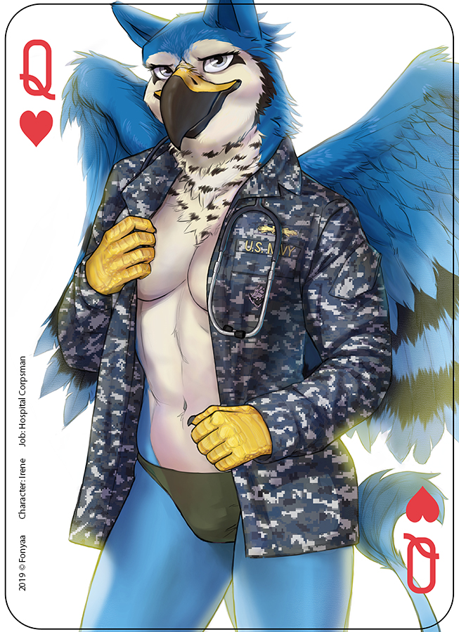 5_fingers abs anthro beak black_beak black_body black_feathers black_fur blue_body blue_feathers blue_fur breasts bulge camo card card_template clothing copyright_symbol digicamo digital_camo digital_camouflage feathered_wings feathers female fingers forearms fur green_clothing green_panties green_underwear grey_eyes gynomorph heart_symbol hearts_(suit) intersex jacket looking_at_viewer medical_instrument military navel navy navy_camo panties playing_card playing_card_template queen_of_hearts_(card) scaled_forearms scales scientific_instrument shirt simple_background solo standing stethoscope symbol text topwear underwear uniform white_background white_body white_fur wings fonyaa mythology u.s._navy irene_(purpthegryphon) avian bird blue_jay corvid gryphon hybrid jay_(bird) mythological_avian mythological_creature new_world_jay oscine passerine 2019 digital_media_(artwork) english_text trans_(lore) trans_woman_(lore)