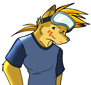 anthro blonde_hair blue_clothing blue_shirt blue_t-shirt blue_topwear clothed clothing fur grey_nose hair male shirt simple_background ski_goggles snout solo t-shirt topwear white_background yellow_body yellow_fur latinvixen canid canine mammal digital_drawing_(artwork) digital_media_(artwork) half-length_portrait low_res portrait shaded soft_shading