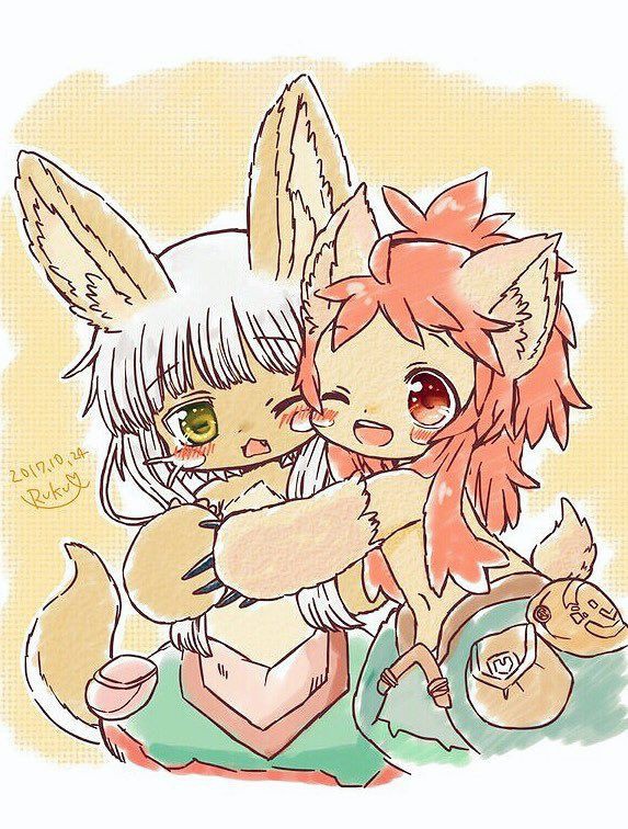 anthro blush clothing duo fur hair hug inner_ear_fluff navel one_eye_closed open_mouth open_smile red_eyes red_hair simple_background smile tail teeth tuft white_hair yellow_eyes unknown_artist made_in_abyss mitty nanachi 2017 signature